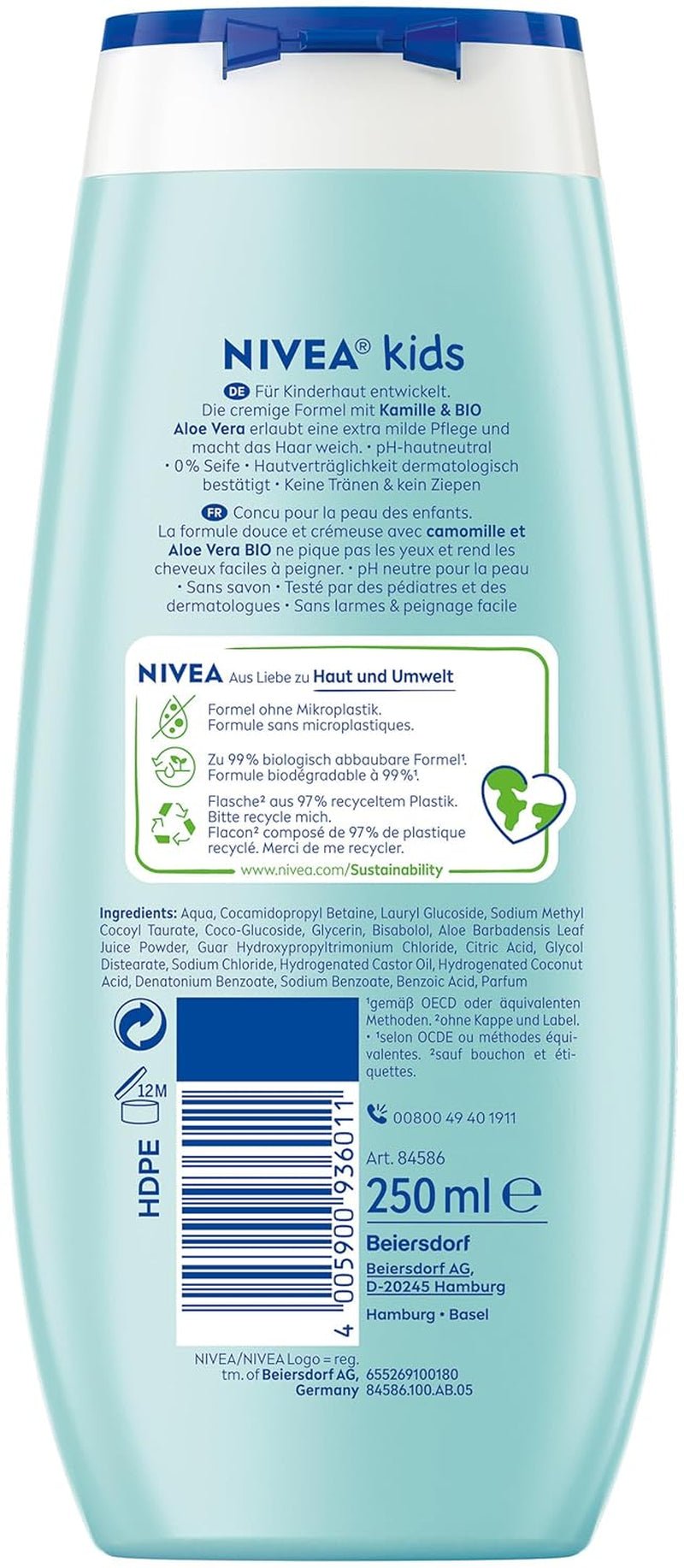 Gel douche, shampoing et après-shampooing NIVEA KIDS 3en1, soin et nettoyant pour enfants au parfum magique de pomme, soin extra doux et sans savon pour les cheveux et la peau des enfants (250 ml) Enfants - Bain et Soin Naty Shop