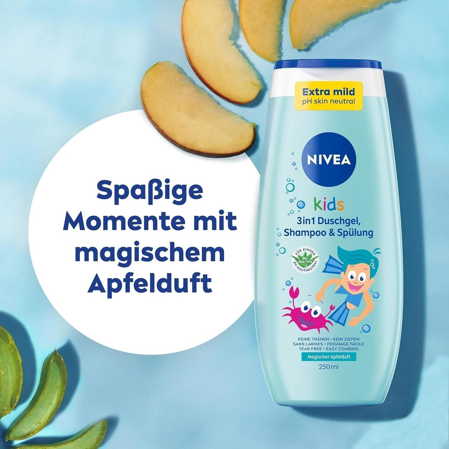 Gel douche, shampoing et après-shampooing NIVEA KIDS 3en1, soin et nettoyant pour enfants au parfum magique de pomme, soin extra doux et sans savon pour les cheveux et la peau des enfants (250 ml) Enfants - Bain et Soin Naty Shop