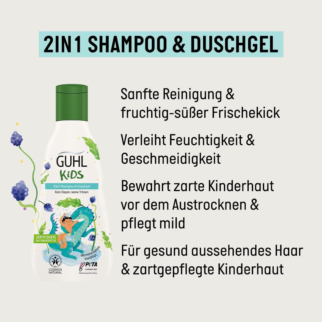 Coffret avantage Guhl Kids Dino - 2x Shampoing et gel douche 2 en 1 Guhl Kids, 250 ml + 1x livre Pixi - Spécialement développé pour les enfants - Ne tire pas - Certificat Cosmos Natural Enfants - Bain et soins de la peau Naty Shop