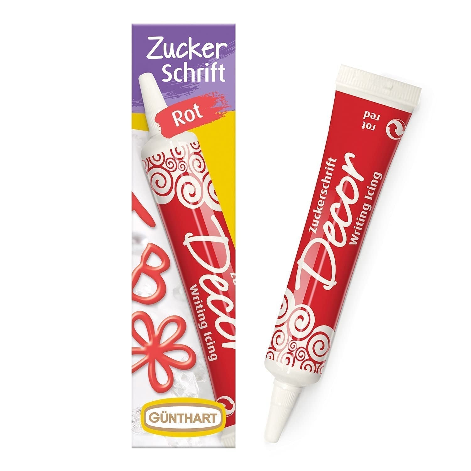 Günthart BackDecor 25g Lettres en sucre BLANC pour n'importe quel dessert en couleur sucre blanc pour de belles lettres et dessins, 1 paquet (25g) Pâte à sucre Naty Shop 25 G (1 paquet) Police de sucre rouge