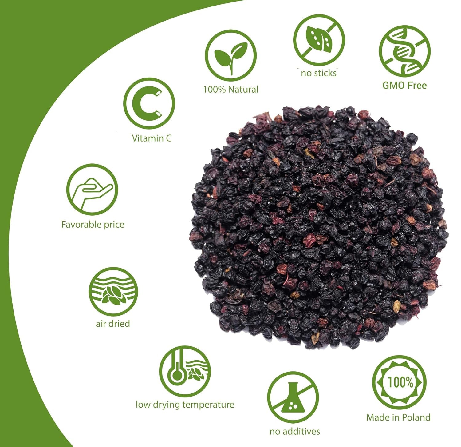 HerbaNordPol baies de sureau séchées 1kg PREMIUM, Fructus Sambuci Produits déshydratés Naty Shop