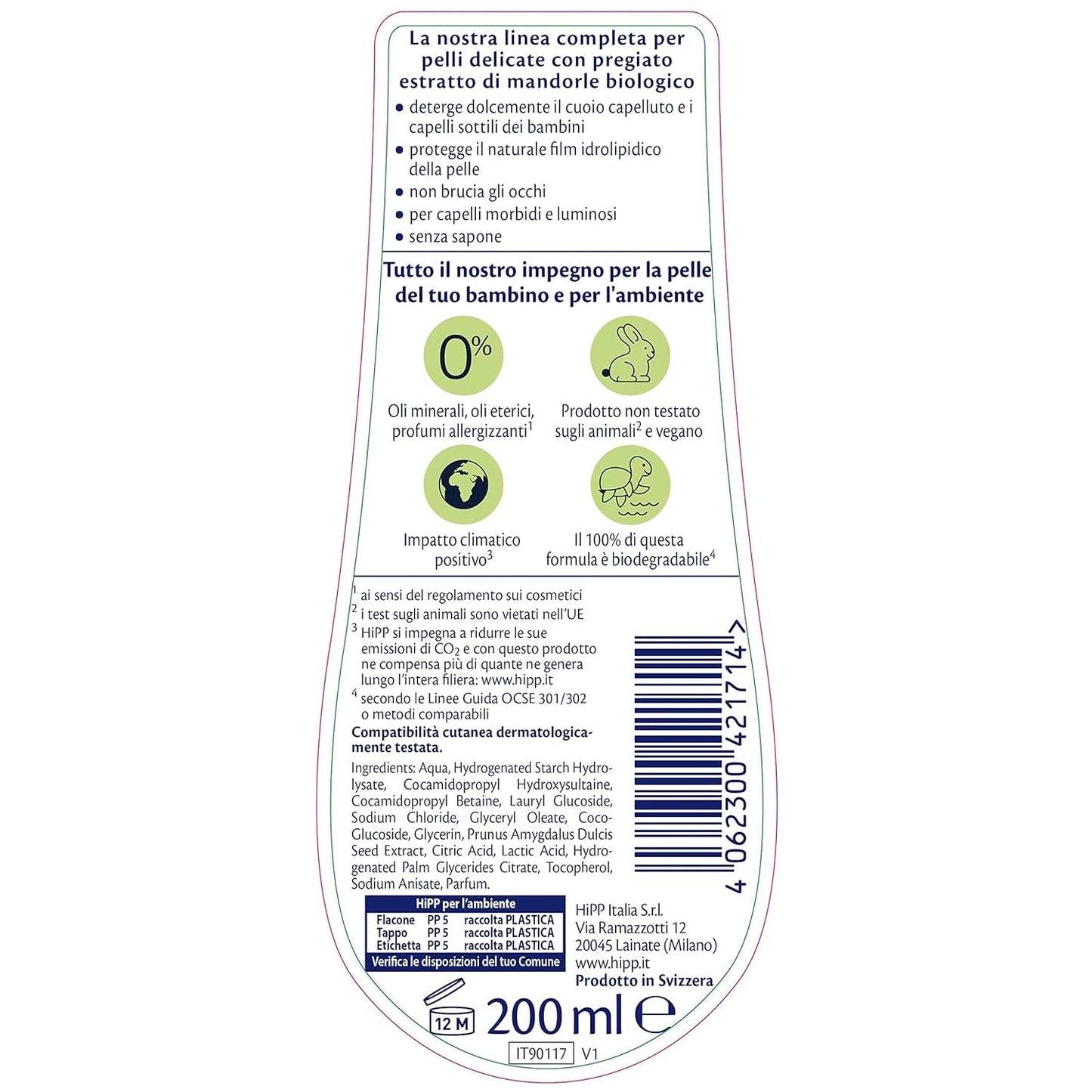 HiPP - Baby Care Shampoing doux pour enfants, nettoie en douceur et irrite les yeux, pour peaux sensibles, à l'extrait naturel d'amande biologique, 1 flacon de 200 ml Enfants - Bains et Soin Naty Shop