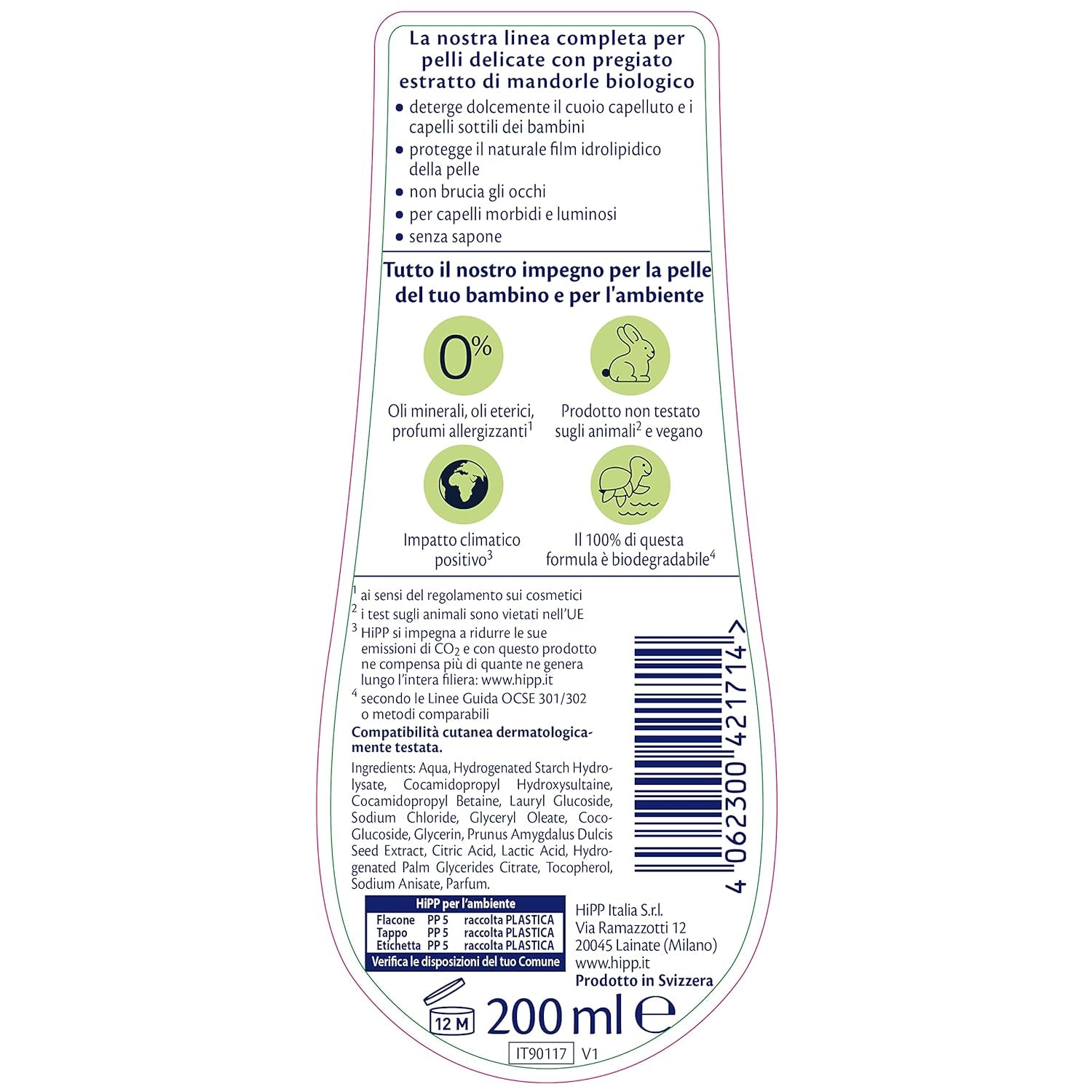 HiPP - Baby Care Shampoing doux pour enfants, nettoie en douceur et irrite les yeux, pour peaux sensibles, à l'extrait naturel d'amande biologique, 1 flacon de 200 ml Enfants - Bains et Soin Naty Shop