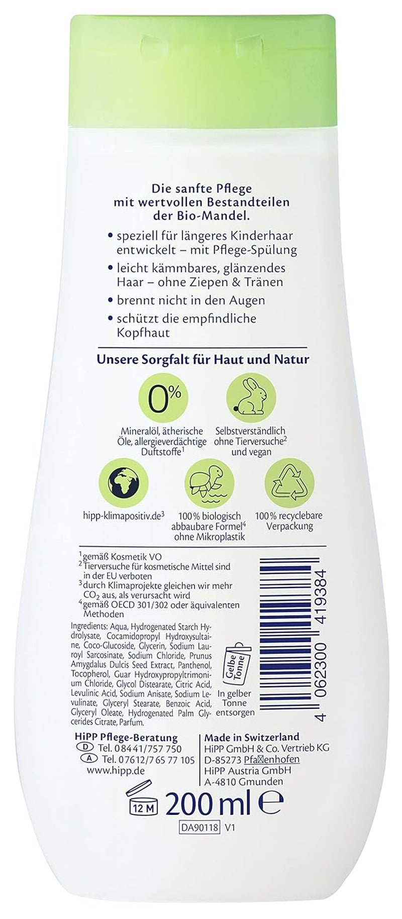 HiPP Baby Shampoing + après-shampooing délicat, pack de 6 (6 x 200 ml) Enfants - Bain et Soin Naty Shop