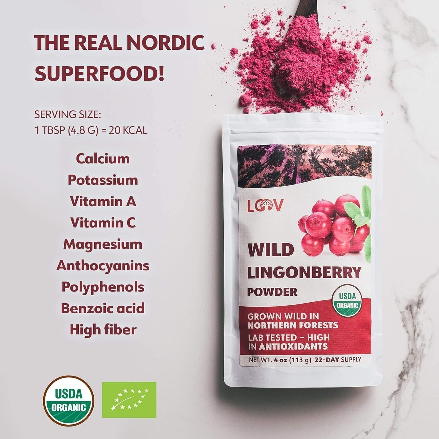 Poudre de myrtille bio LOOV, composée à 100% de myrtilles sauvages entières lyophilisées récoltées dans les forêts du nord de l'Europe, 113g, sans sucre ajouté Naty Shop Produits Déshydratés