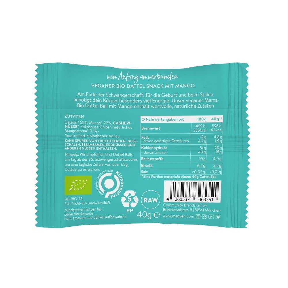 MABYEN Boules d'Énergie Date Bio 20 pcs. | Boules de dattes - Snacks sains sans sucre pour la grossesse et l'allaitement - Barres protéinées aux fruits secs - 13 x Cacao et 7 x Produits déshydratés saveur mangue Naty Shop