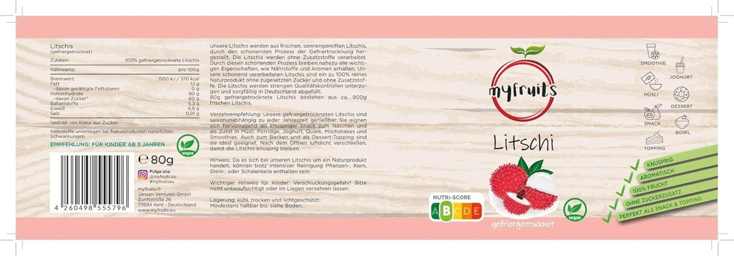 myfruits litchi lyophilisé, 80g, sans additifs, 100% fruits, fruits lyophilisés et fruits secs Produits déshydratés Naty Shop
