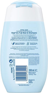 NIVEA BABY bain & shampoing tête aux pieds, shampoing doux vegan pour la peau et les cheveux des enfants à l'huile d'amande, gel douche relaxant à la formule hypoallergénique sans parabènes ni microplastiques (200 ml) Enfants - Bain et Soin Naty Shop