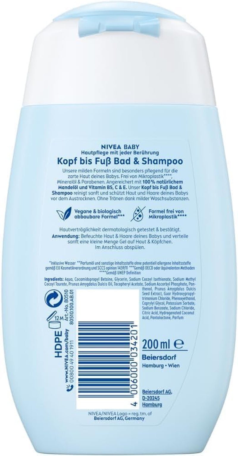 NIVEA BABY bain & shampoing tête aux pieds, shampoing doux vegan pour la peau et les cheveux des enfants à l'huile d'amande, gel douche relaxant à la formule hypoallergénique sans parabènes ni microplastiques (200 ml) Enfants - Bain et Soin Naty Shop
