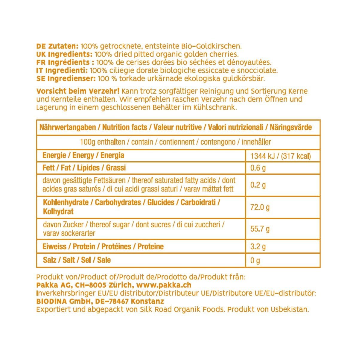 PAKKA - Cerises dorées séchées au soleil biologiques et équitables 500 g, cerises jaunes cueillies à l'état sauvage, sans pépins, non sucrées, directement des petits agriculteurs de Samarkand, Ouzbékistan, végétaliennes, 500 g (1 paquet) Naty Shop Produits déshydratés