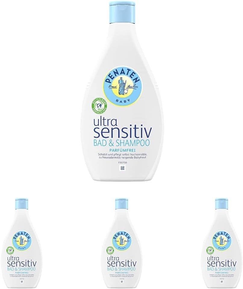 PENATEN Bain & Shampoing Ultra Sensible (400 ml), bain et shampoing pour bébés particulièrement doux pour la peau très sensible des bébés sujets aux névrodermites, gel douche et shampoing cheveux sans parfum ni colorants Enfants - Bain et Soin Naty Shop 400 Ml (pack de 4) Gel lavant