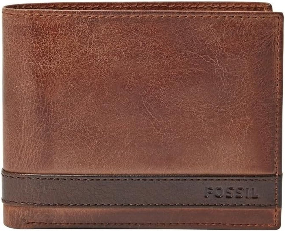 Portefeuille à deux volets en cuir Fossil Quinn pour hommes 11,43 cm L x 2,54 cm l x 9,525 cm H Portefeuille pour hommes Naty Shop marron