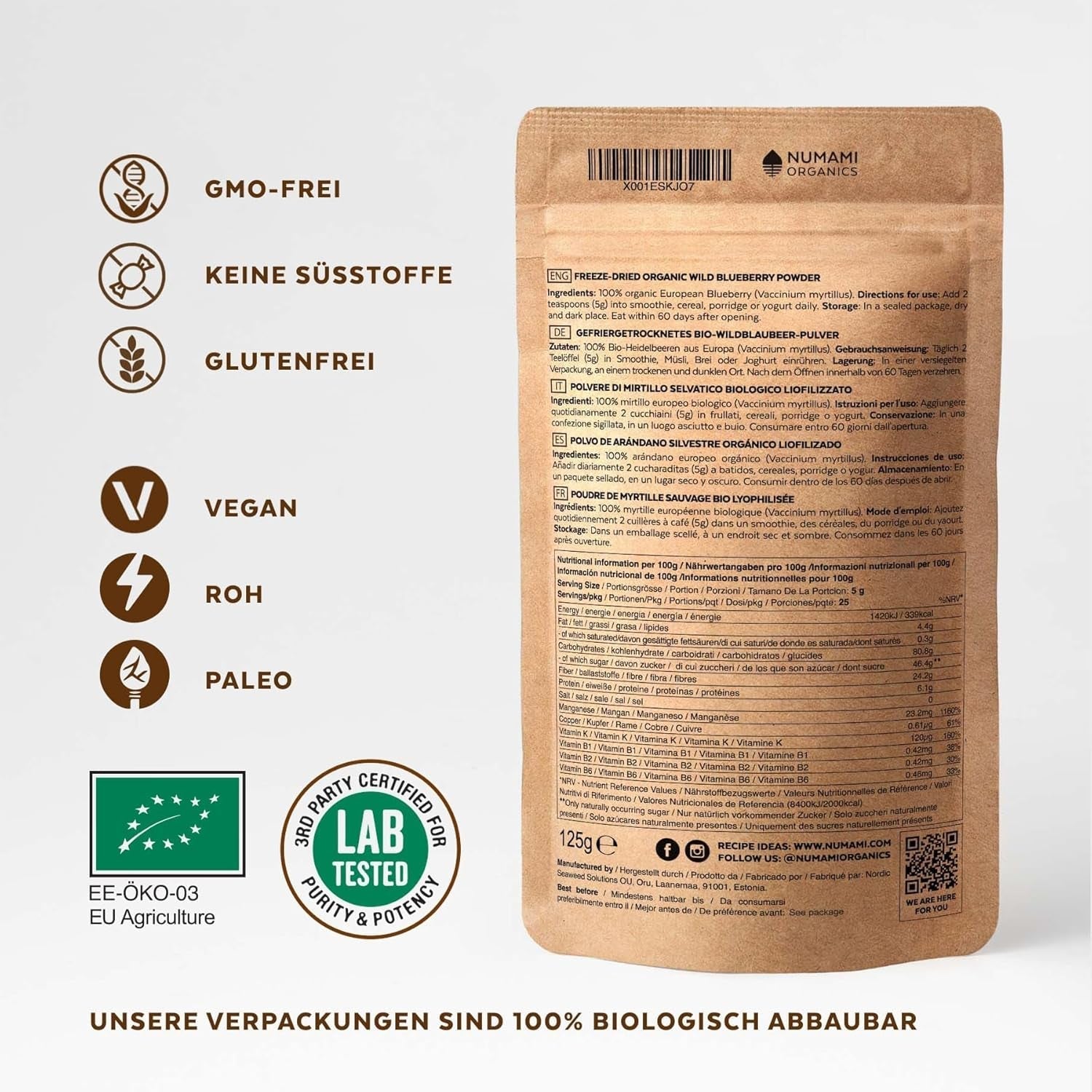 Poudre de myrtilles sauvages biologiques, myrtilles entières lyophilisées, qualité 100% crue, riche en antioxydants et en vitamine C, sans sucre ajouté, récoltées en Europe du Nord Produits séchés Naty Shop