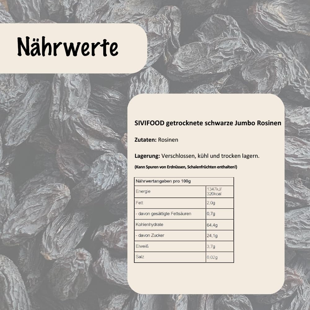 SIVIFOOD raisins secs noirs jumbo 300g - gros et délicieux raisins secs noirs de qualité supérieure, raisins fruités sucrés naturellement séchés, non sulfurés, non sucrés, sans huile, sans additifs Kishmish, produits déshydratés Naty Shop