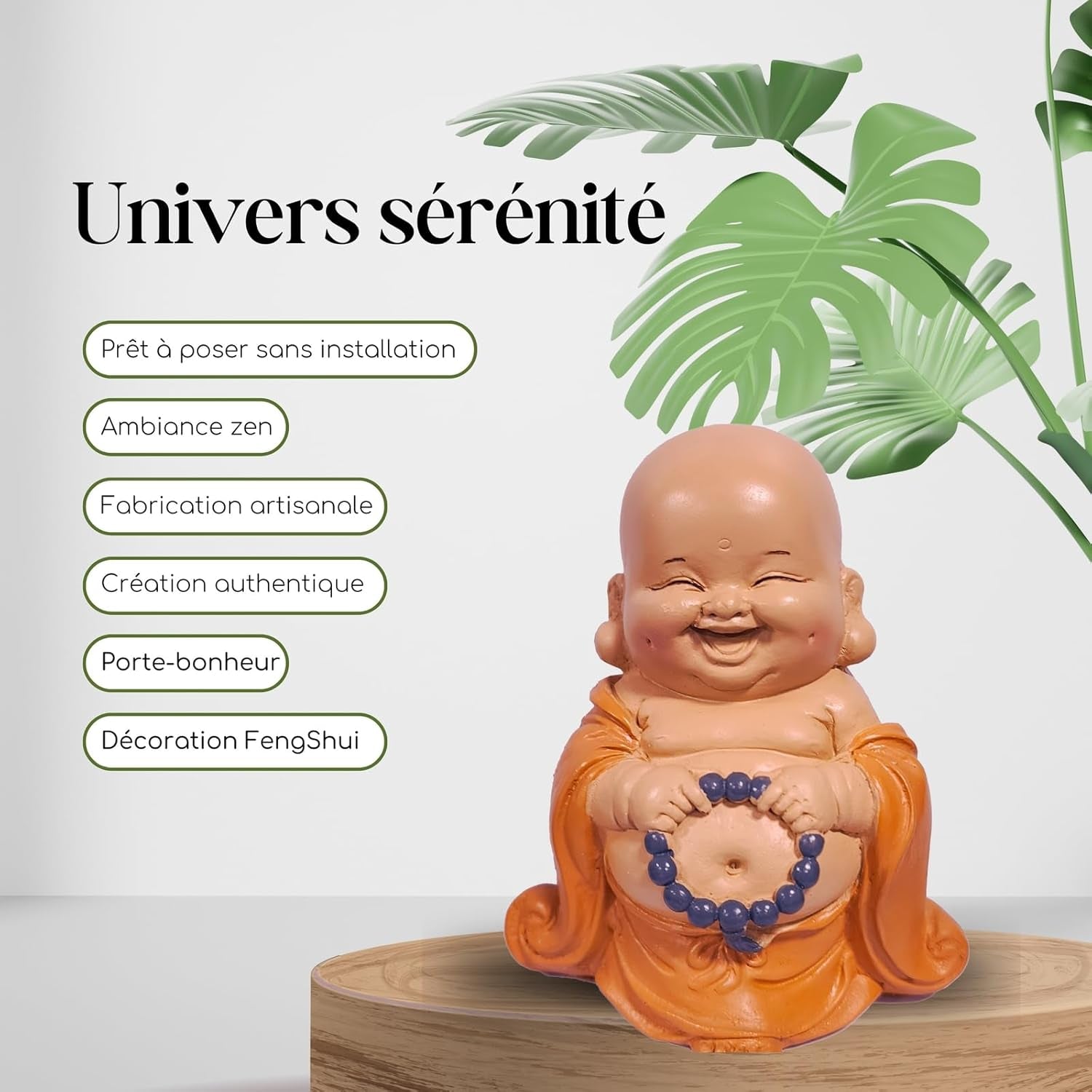Statue Bouddha rieur avec chapelet - Figurine inspirante et joyeuse - Talisman porte-bonheur plein de positivité - Idée cadeau mignonne et spirituelle - -H 10 cm - Zen'Light Statues et sculptures Naty Shop