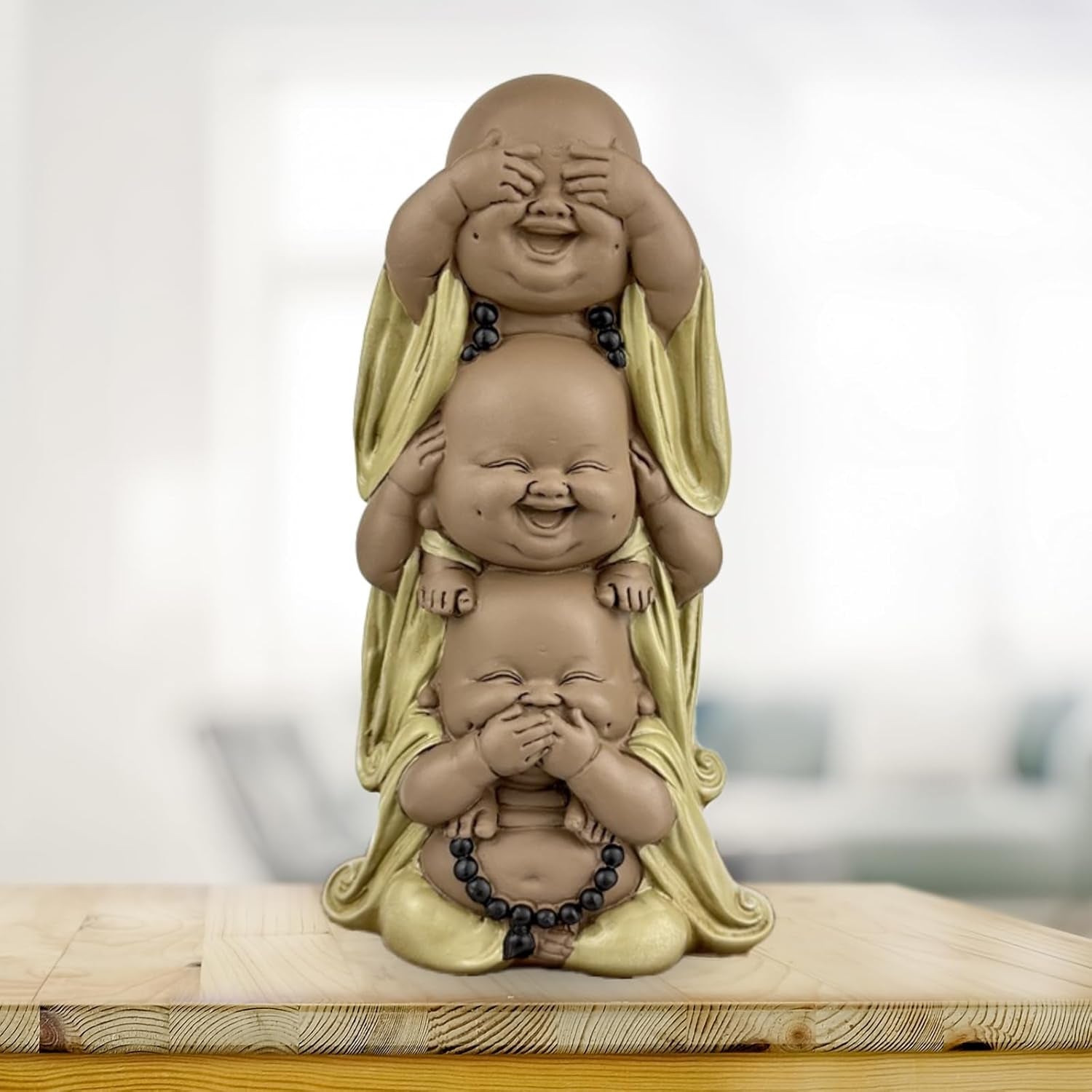 Statue 3 Bouddhas rieurs - Ne rien voir - Ne rien entendre - Ne rien dire - Bébé Bouddha Ensemble symbolique - Ambiance paisible et joyeuse - Déco Zen - H 18 cm - Zen'Light Statuettes et sculptures Naty Shop