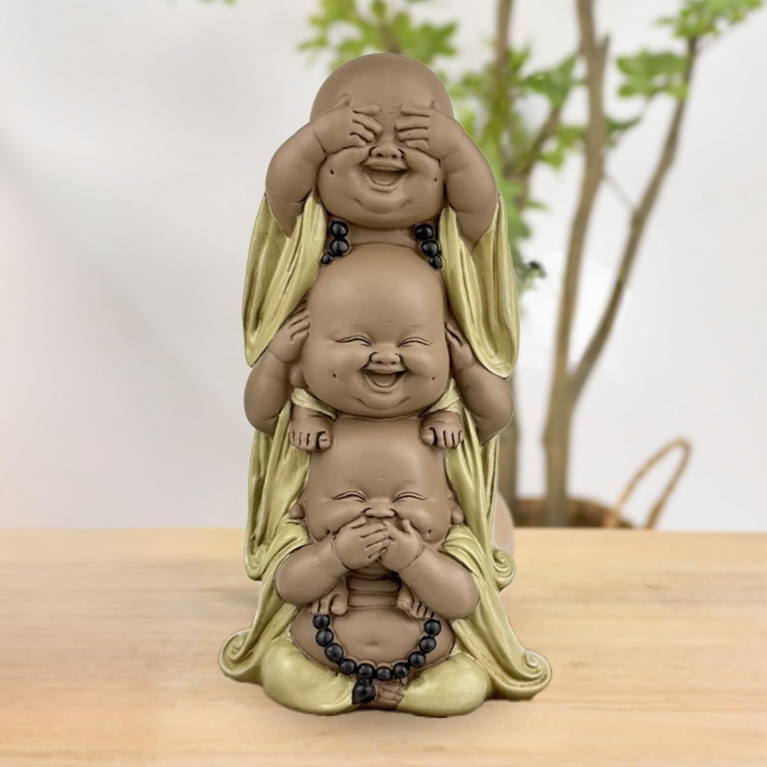 Statue 3 Bouddhas rieurs - Ne rien voir - Ne rien entendre - Ne rien dire - Bébé Bouddha Ensemble symbolique - Ambiance paisible et joyeuse - Déco Zen - H 18 cm - Zen'Light Statuettes et sculptures Naty Shop
