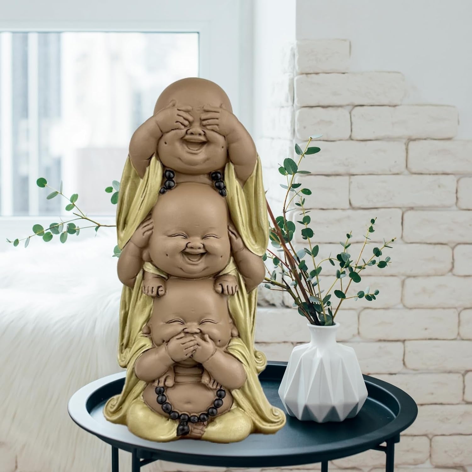Statue 3 Bouddhas rieurs - Ne rien voir - Ne rien entendre - Ne rien dire - Bébé Bouddha Ensemble symbolique - Ambiance paisible et joyeuse - Déco Zen - H 18 cm - Zen'Light Statuettes et sculptures Naty Shop