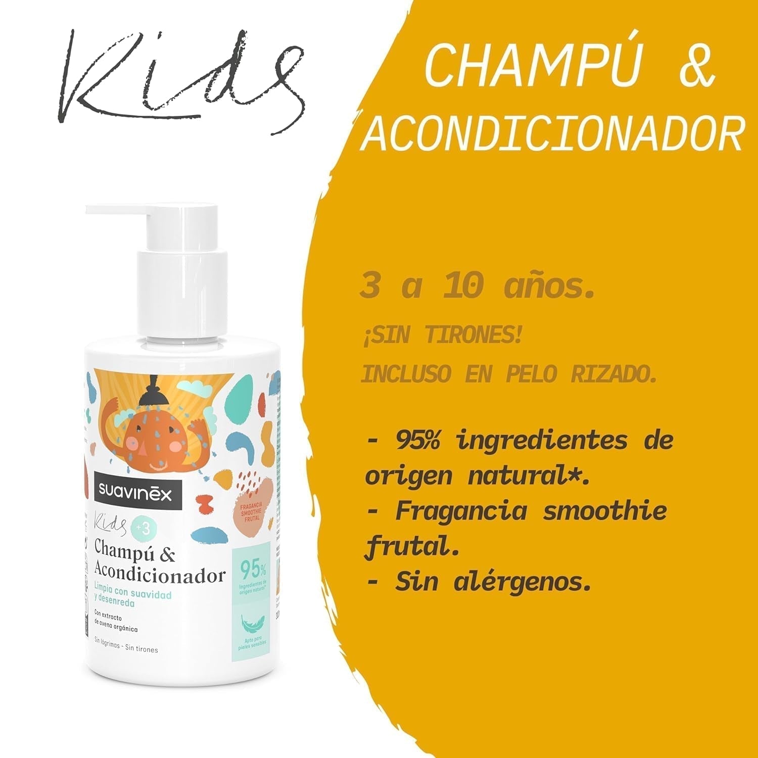 Suavinex, shampoing soin pour enfants de 3 à 10 ans, sans allergène, sans paraben, sans silicone, adapté aux peaux sensibles, sans déchirure ni tiraillement, 95% d'ingrédients d'origine naturelle, Enfants - Bain et Soin Naty Shop