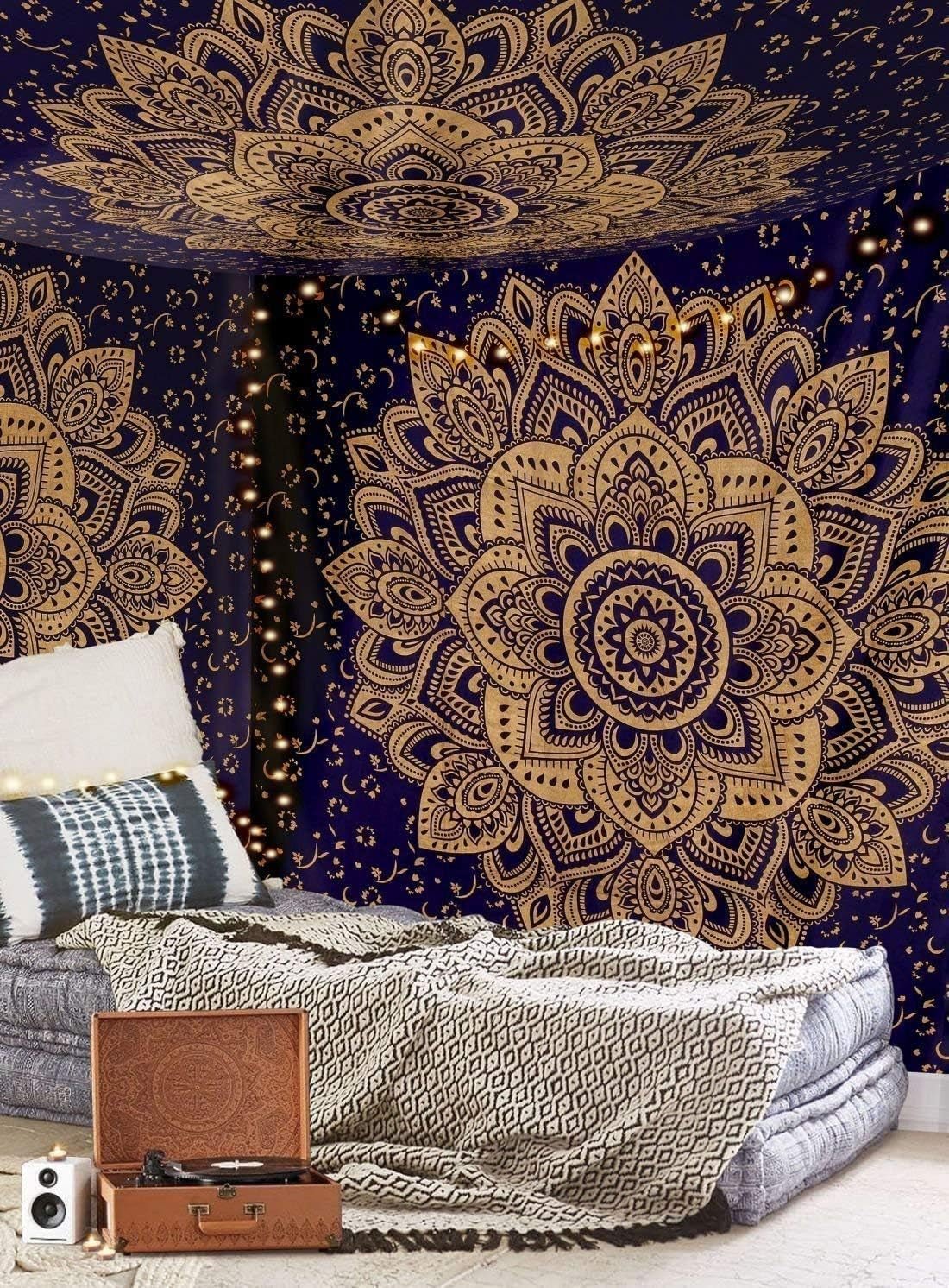 Tapisserie aakriti gallery couvre lit mandala en coton Accueil - Accessoires et Décoration Naty Shop Bleu doré 233,7L X 208,3B Cm