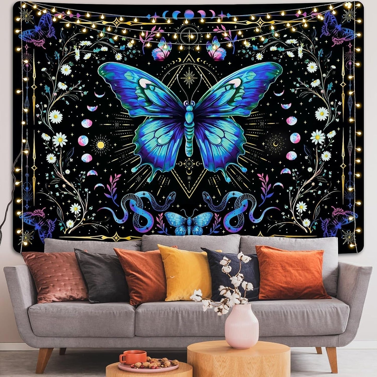 Tapisserie alishomtll papillon phase de lune floral marguerite noir Maison - Accessoires et Décorations Naty Shop