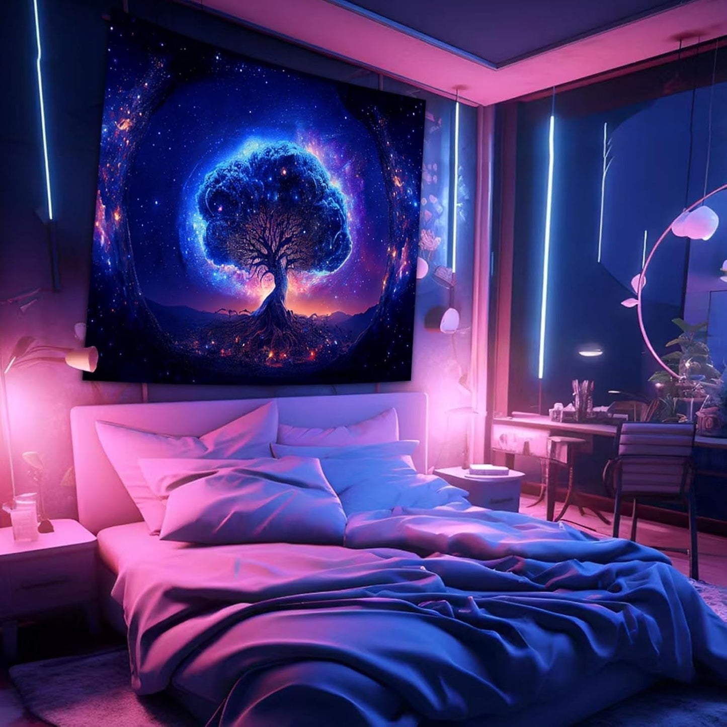 Tapisserie arbre lumière noire esthétique spatiale Maison - Accessoires et Décorations Naty Shop