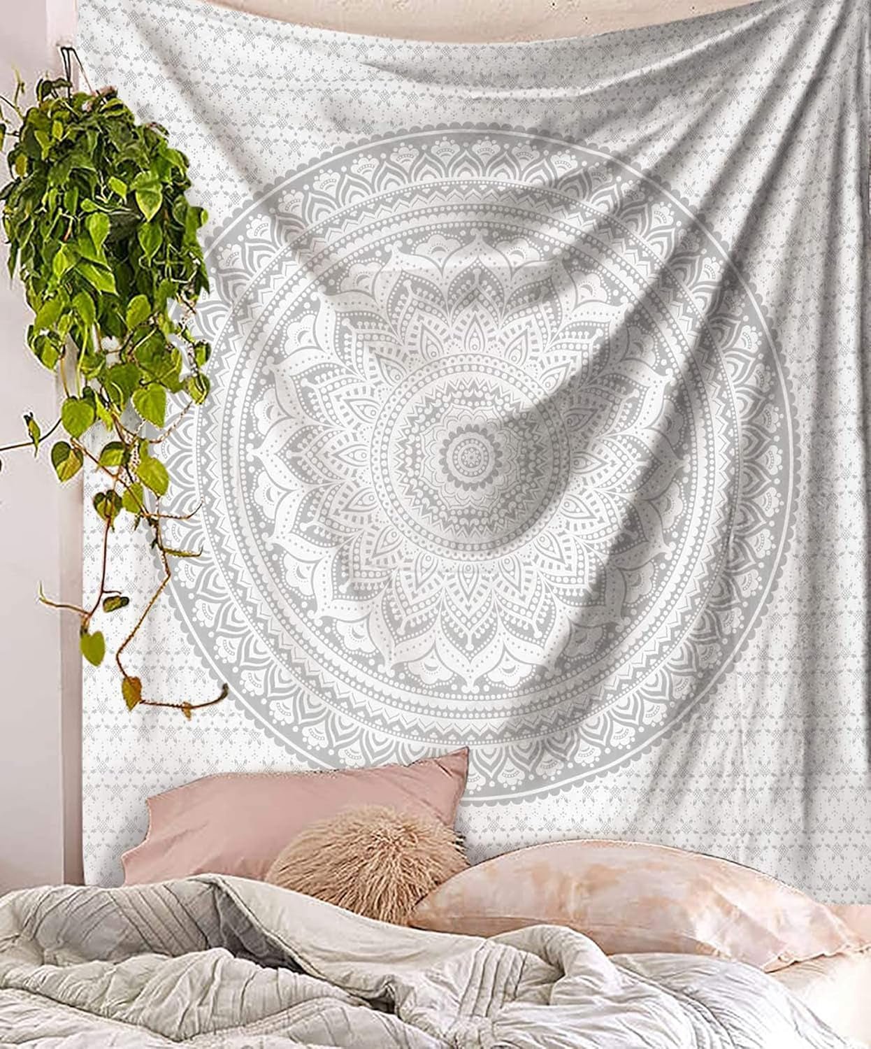 Tapisserie indienne mandala argent blanc chambre toile esthétique Maison - Accessoires et Décorations Naty Shop