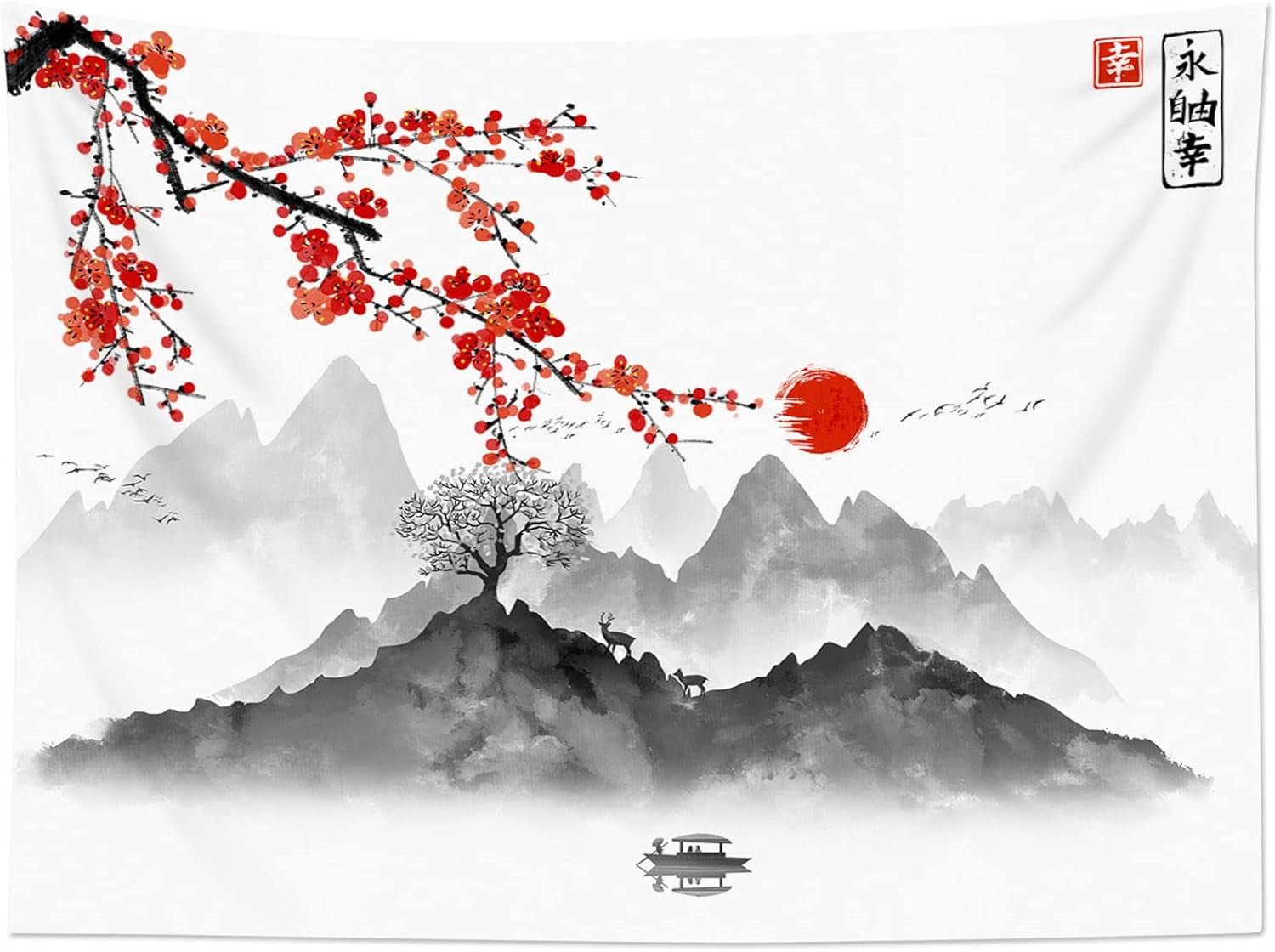Tapisserie japonaise toile fleurs de cerisier rouge soleil mur Maison - Accessoires et Décorations Naty Shop