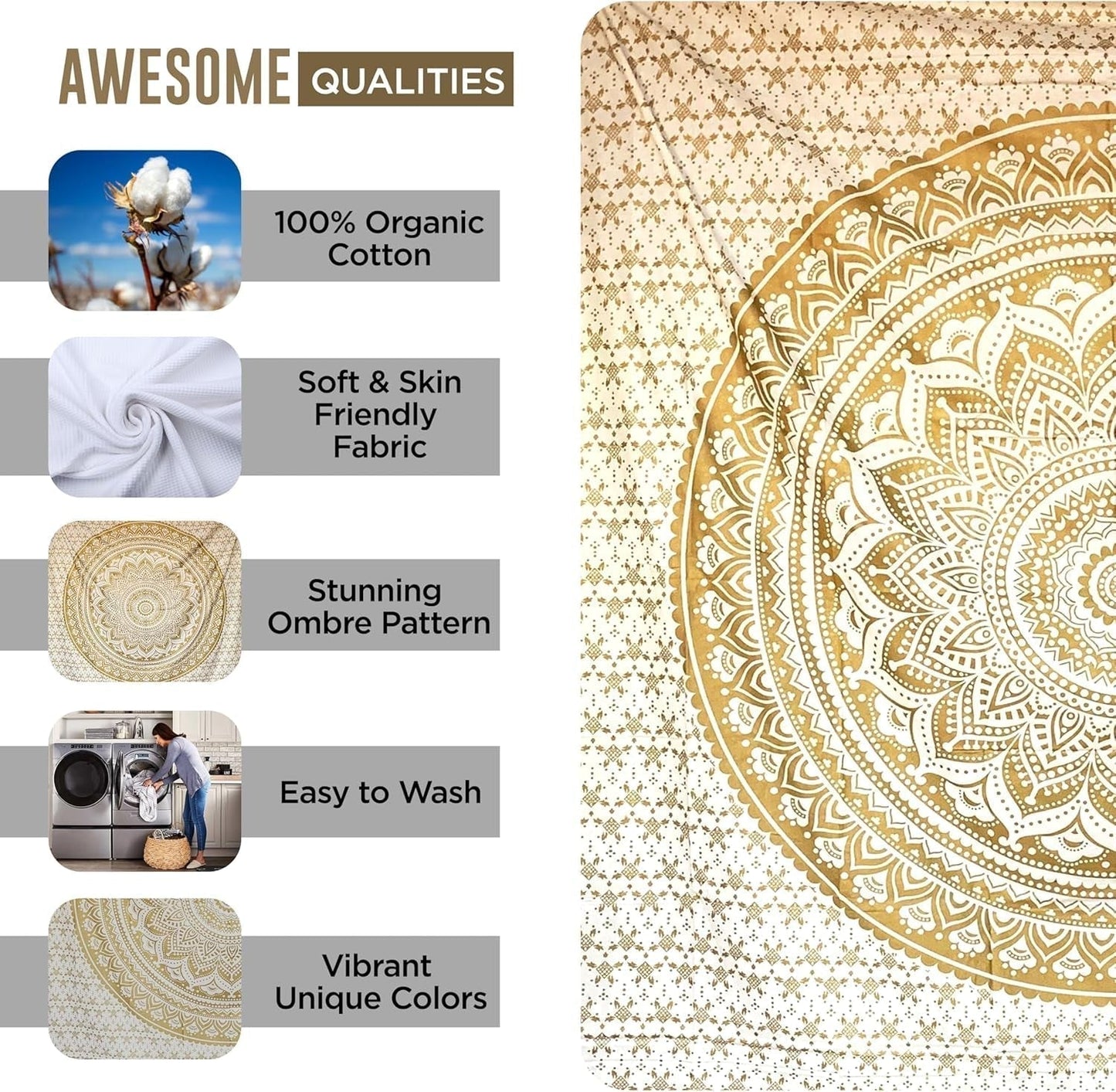 Tapisserie Mandala décoration de chambre esthétique toile blanche dorée Maison - Accessoires et Décorations Naty Shop
