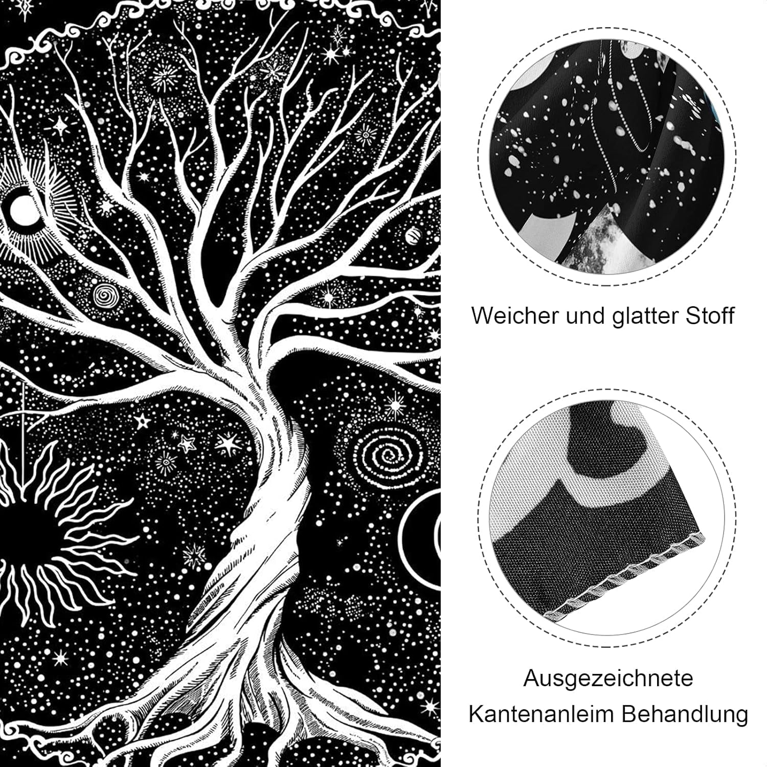 Tapisserie noir blanc arbre vie tapisserie phases lune Maison - Accessoires et Décorations Naty Shop