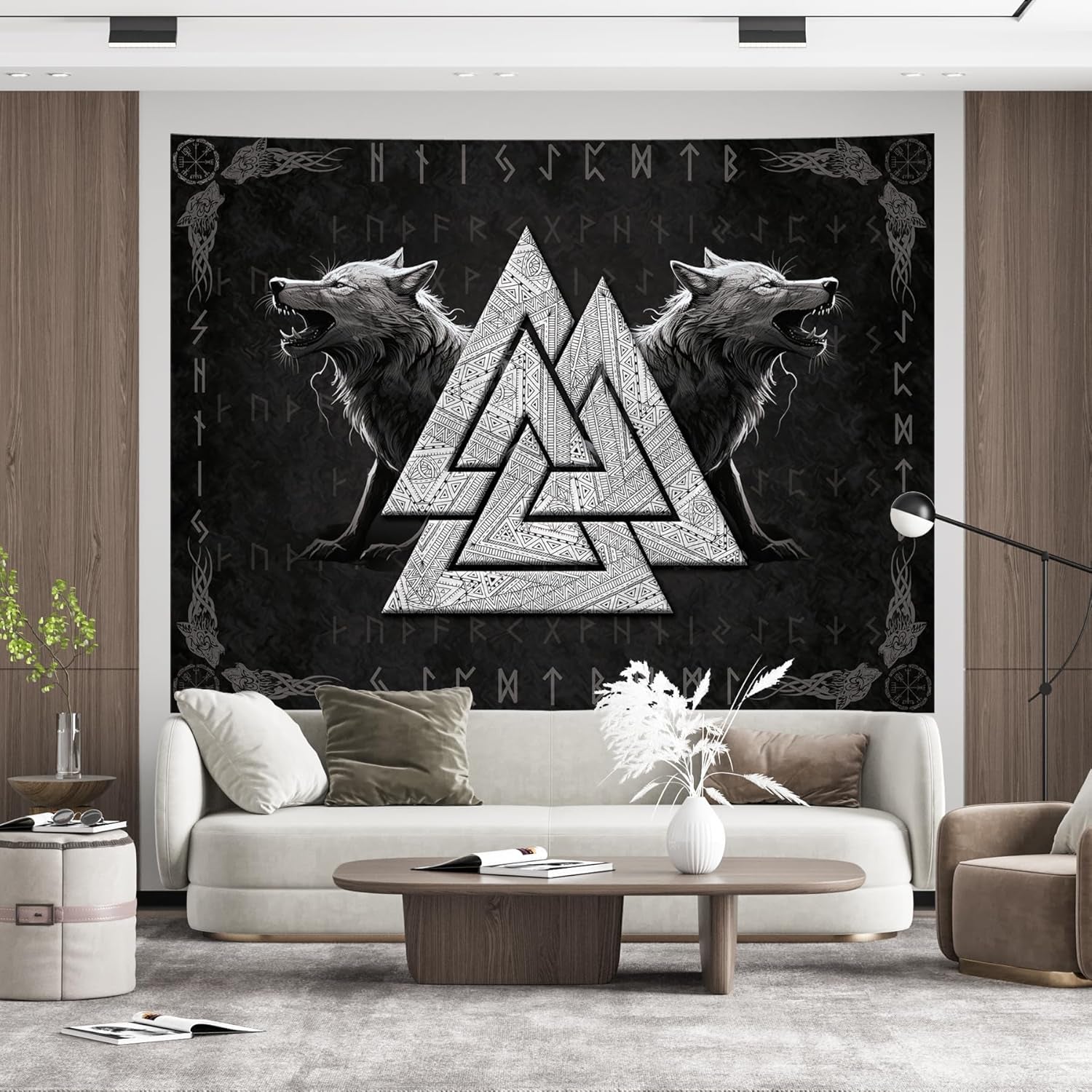 Tapisserie viking loup totem noir blanc méditation runes Maison - Accessoires et Décorations Naty Shop