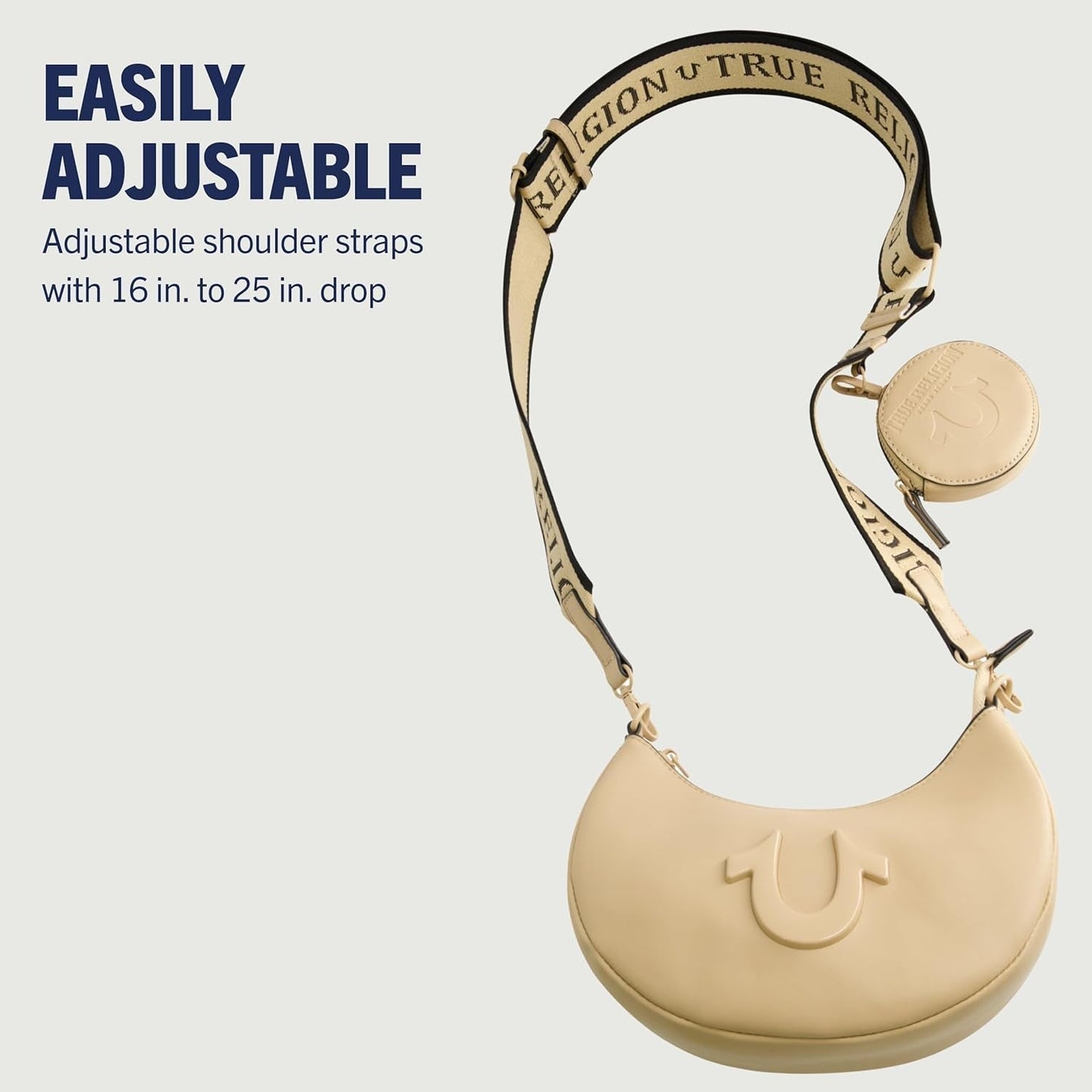 True Religion Sac à bandoulière pour femme, sac à main Crescent Hobo avec sangle amovible réglable et logo en fer à cheval Sacs pour femme Naty Shop