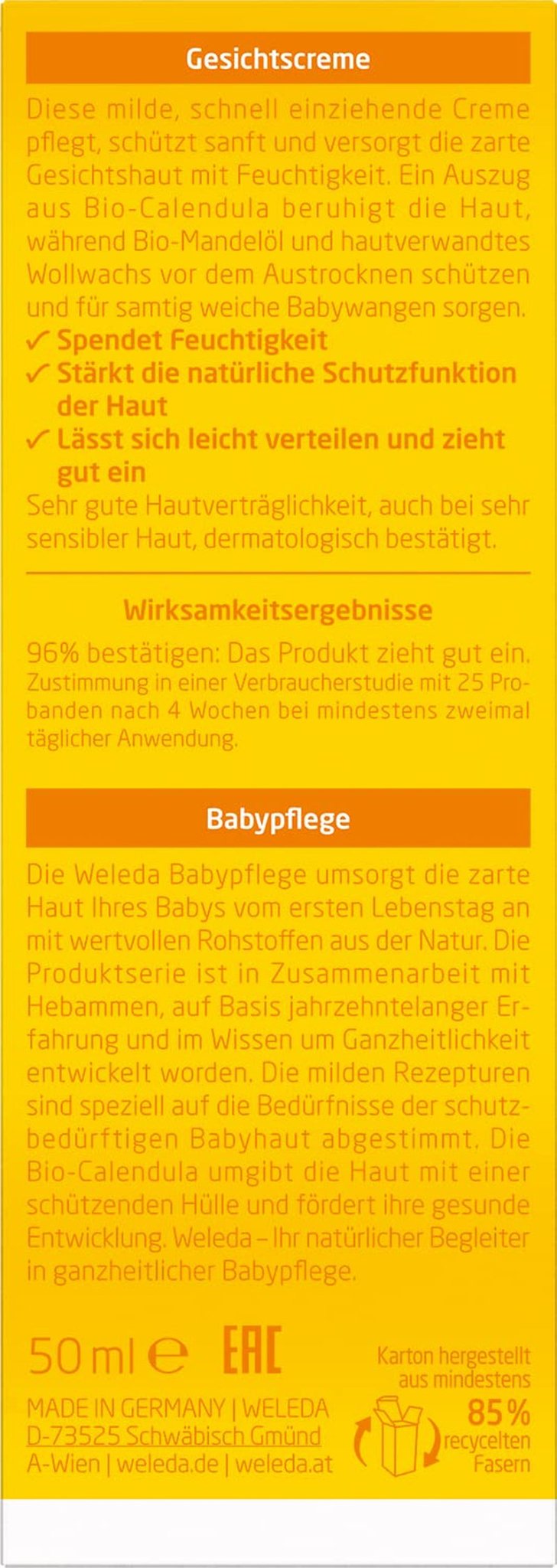 WELEDA Crème Visage Bio Bébé Calendula - Hydratant cosmétique naturel à l'huile d'amande et à la cire d'abeille pour les soins de la peau sèche. Crème de soin visage naturelle pour bébés et enfants (1x 50ml) Enfants - Bains et Soin Naty Shop