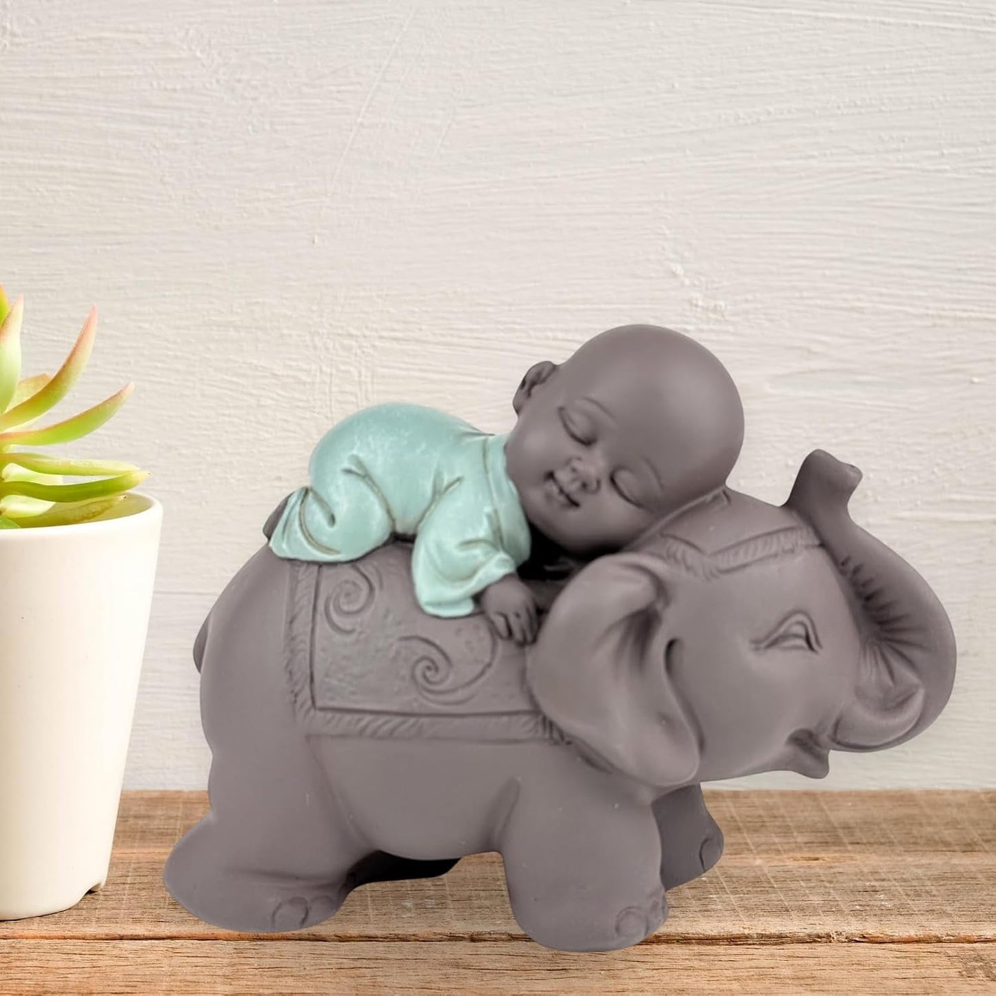 Zen'Light Statue Bouddha Bonze Dormant sur un Éléphant - Ambiance zen dans votre espace sacré - belle figure de bon augure -H 9,5 cm, Marron & Vert Statuettes et sculptures Naty Shop