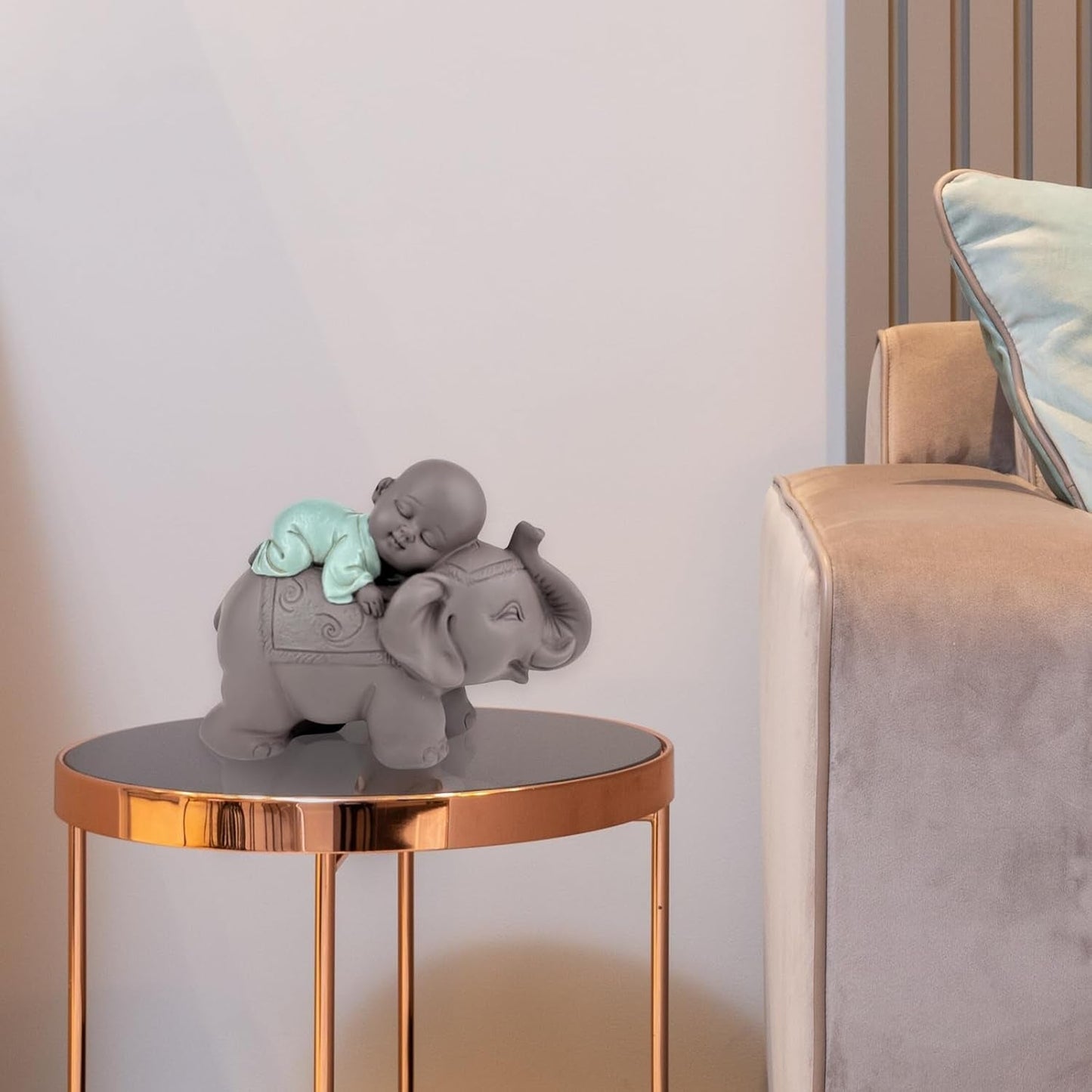 Zen'Light Statue Bouddha Bonze Dormant sur un Éléphant - Ambiance zen dans votre espace sacré - belle figure de bon augure -H 9,5 cm, Marron & Vert Statuettes et sculptures Naty Shop