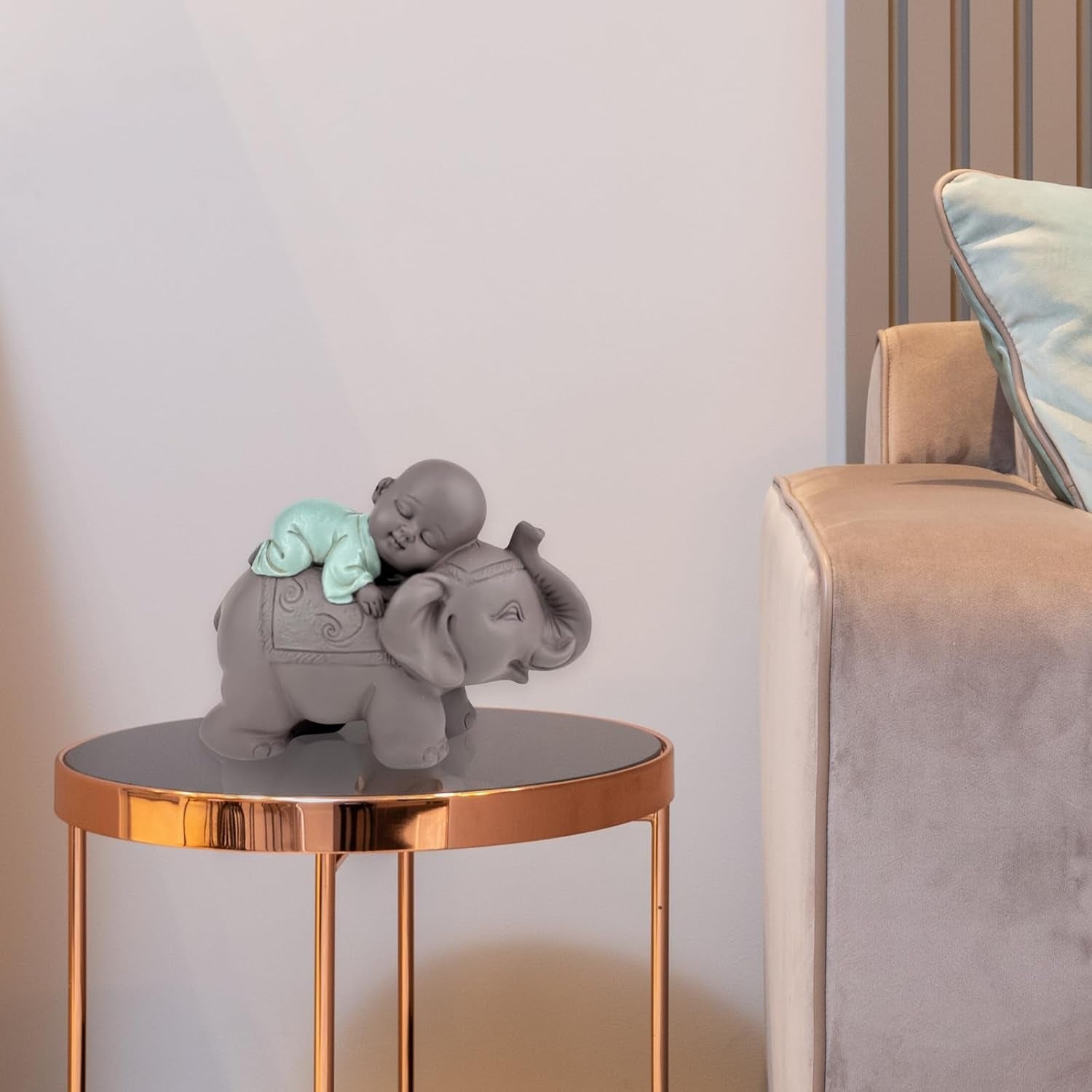 Zen'Light Statue Bouddha Bonze Dormant sur un Éléphant - Ambiance zen dans votre espace sacré - belle figure de bon augure -H 9,5 cm, Marron & Vert Statuettes et sculptures Naty Shop