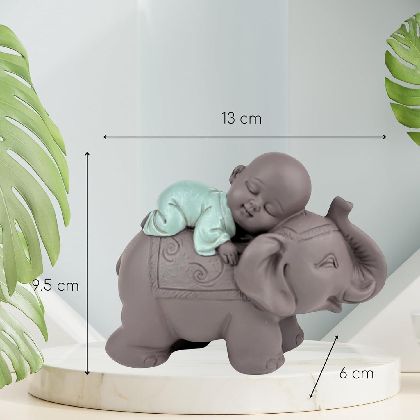 Zen'Light Statue Bouddha Bonze Dormant sur un Éléphant - Ambiance zen dans votre espace sacré - belle figure de bon augure -H 9,5 cm, Marron & Vert Statuettes et sculptures Naty Shop